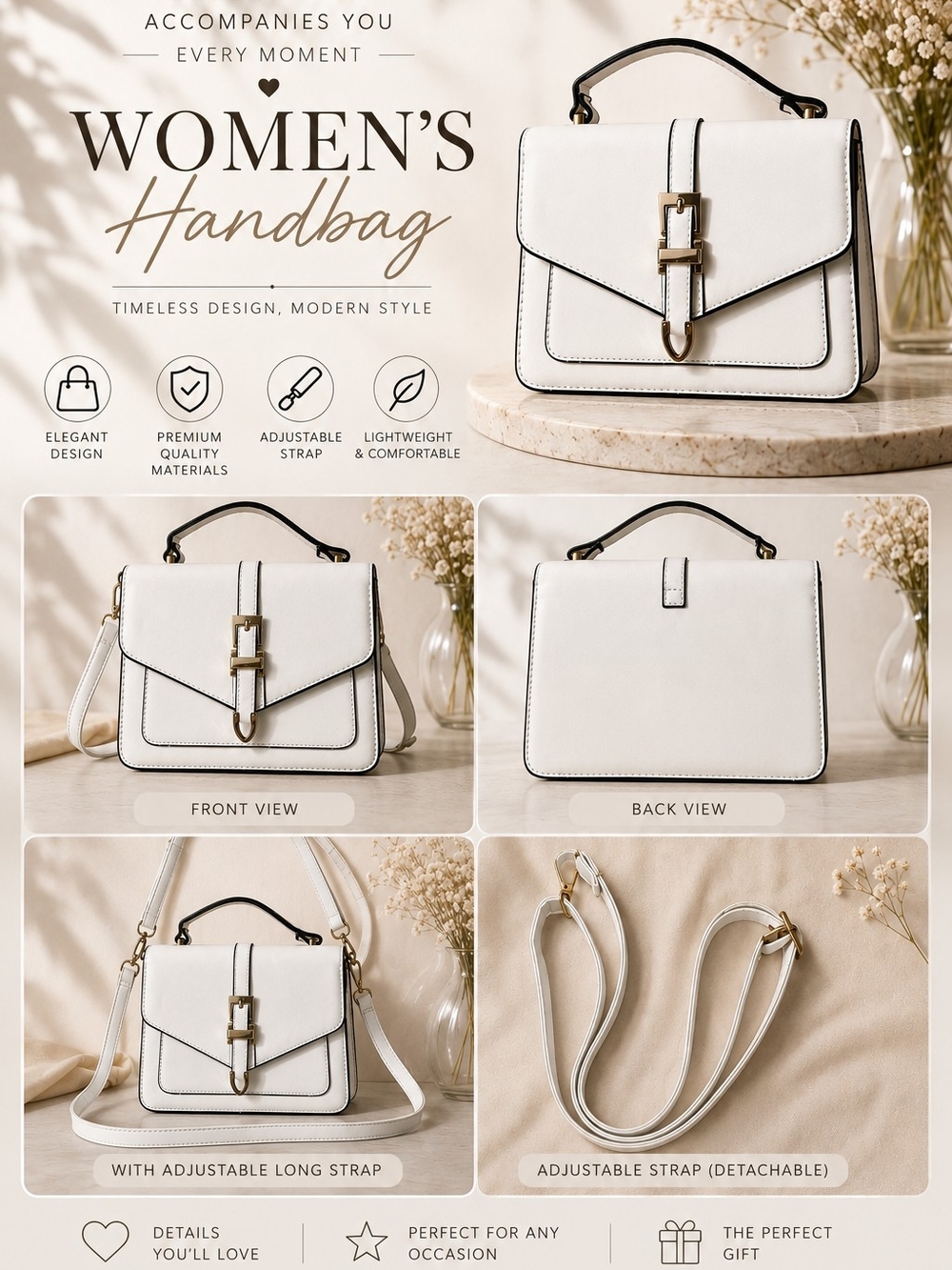 White Crossbody Handbag with Top Handle and Detachable Strap